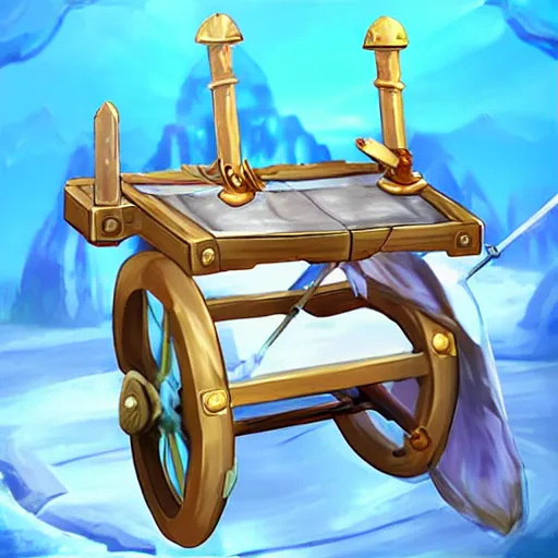 Image similar to a ice catapult machine, cart wheels, fantasy rpg, league of legends style