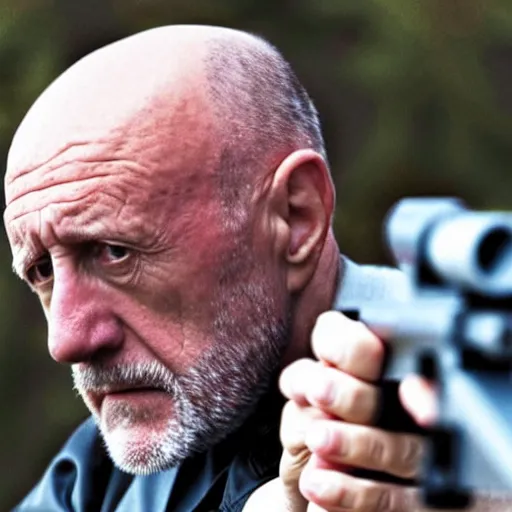 Prompt: Film Still of Mike Ehrmantraut aiming a sniper rifle in a new Breaking bad movie, 8k, highly detailed, centered