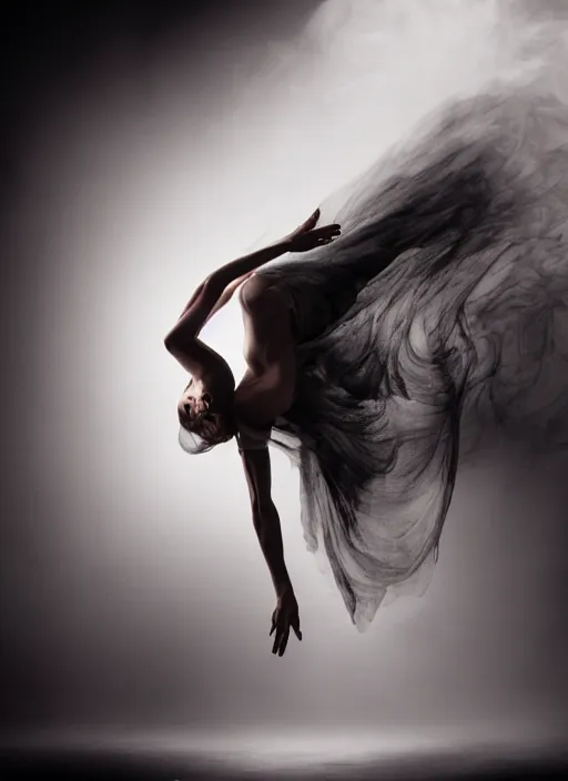 Image similar to a Photorealistic dramatic hyperrealistic render of a beautiful Female smoke dancer by Ken Brower and Deborah Ory of NYC Dance project,Lois Greenfield,Flowing cloth and smoke,Beautiful dynamic dramatic dark moody lighting,volumetric,shadows,cinematic atmosphere,Octane render,8K