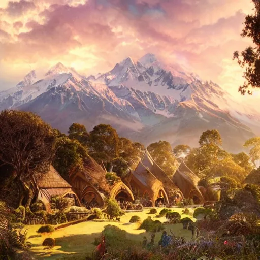 Image similar to a lord of the rings village in large new zealand landscape, shiny colors, high - key lighting, beautiful composition, intricate, elegant, pro photography by, highly detailed, art by artgerm and greg rutkowski and alphonse mucha