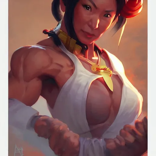 Prompt: michelle yeoh as a street fighter character, cg animation, capcom, realistic, character select portrait, by artgerm, greg rutkowski, alphonse mucha, 3 d