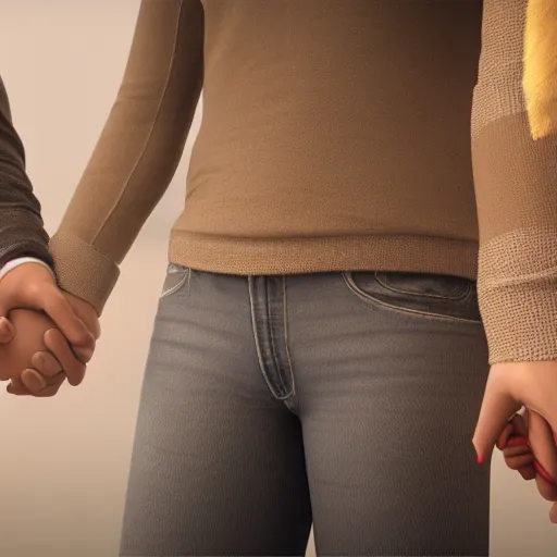 Image similar to highly detailed full body unreal engine 5 render of a woman and a man holding hands