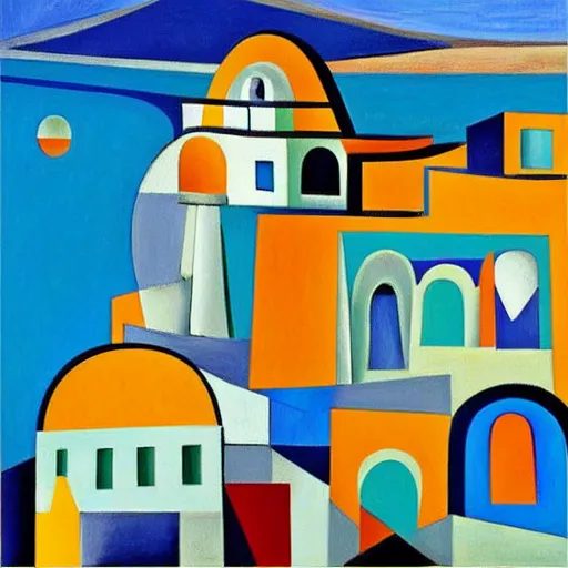 Prompt: cubism art print painting of Santorini, by Picasso, trending on Saatchi Art, trending on Society6, high definition,