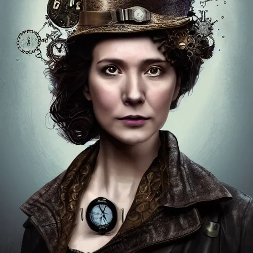 Image similar to portrait of a woman as sherlock Holmes with wavy hair as an epic idea, intricate detail, digital painting, ,metric, gears, watches, steampunk, face enhance, glowing eye, biomechanical, trash polka, raining, sepia, particles floating, whimsical background by marc simonetti, artwork by ross tran + ramond swanland + liam wong +mike winklemann + wlop