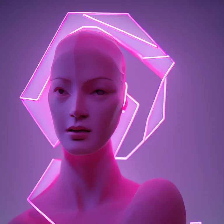 Image similar to beautiful mannequin sculpted out of amethyst by billelis + lit with 3 d geometric neon + doorway opening with neon pink geometric light + hosta flowers!!!, moon in background!!!!!!, rule of thirds, clean linework, dramatic, award winning, 4 k, trending on artstation, photorealistic, volumetric lighting, octane render