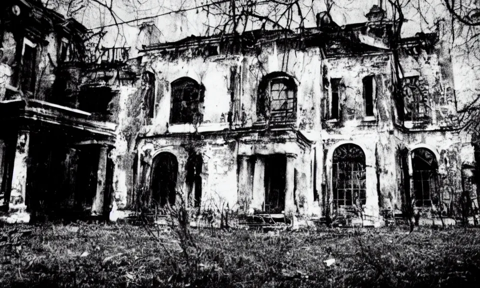Image similar to 35mm film still, Resident evil mansion, zombie, spooky, horror, old, dirty, reversal film stock