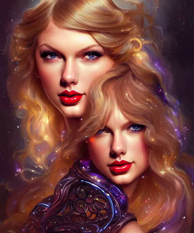 Image similar to Taylor Swift as a fantasy magic woman portrait, sci-fi, amber eyes, face, long hair, fantasy, intricate, elegant, highly detailed, digital painting, artstation, concept art, smooth, sharp focus, illustration, art by artgerm and greg rutkowski and alphonse mucha