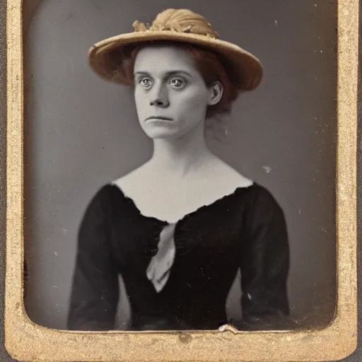 Image similar to a late 1 9 th century, 3 0 years old, austro - hungarian, sullen old maid ( redhead, tight bun, tight bun, straw hat decorated with too big flowers, looks a like amy adams mixed with anne - marie duff, but not pretty, as a strict school teacher ), daguerreotype by emil rabending and robert cornelius