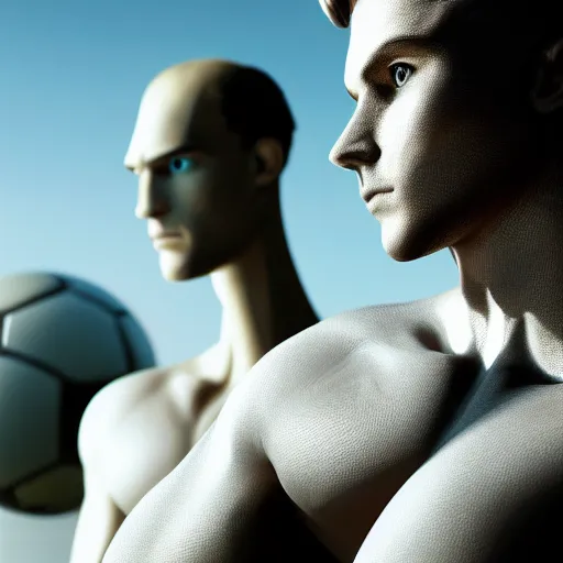 Image similar to a realistic detailed photo of a guy who is an attractive humanoid who is half robot and half humanoid, who is a male android, attractive and handsome soccer players, shiny skin, posing like a statue, blank stare, in a factory, on display, showing off his muscles, wearing soccer shorts, side view, looking at each other mindlessly