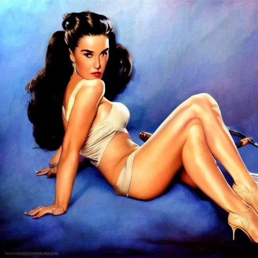 Prompt: frank frazetta jennifer connelly pin up, full body, 8 k, realistic, photo real, smooth, sharp, intricate detail, hyper detail, dramatic lighting, dramatic shading