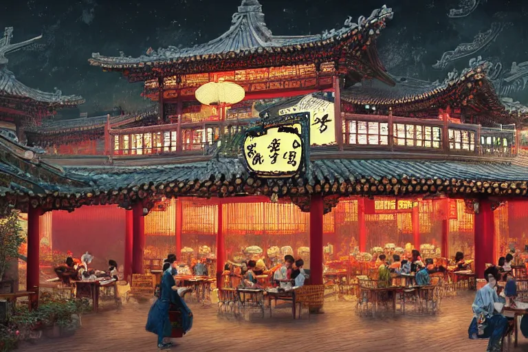 Prompt: a bustling tea house in china, lit by paper lanterns, at night, fantasy art, highly detailed digital art, trending on artstation