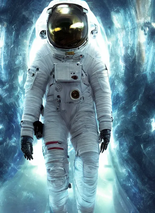 Image similar to poster art by craig mullins astronaut in futuristic dark and empty spaceship underwater. infrared glowing lights. complex and hyperdetailed technical suit. reflection and dispersion materials. rays and dispersion of light. volumetric light. 5 0 mm, f / 3 2. noise film photo. flash photography. unreal engine 4, octane render. interstellar movie art