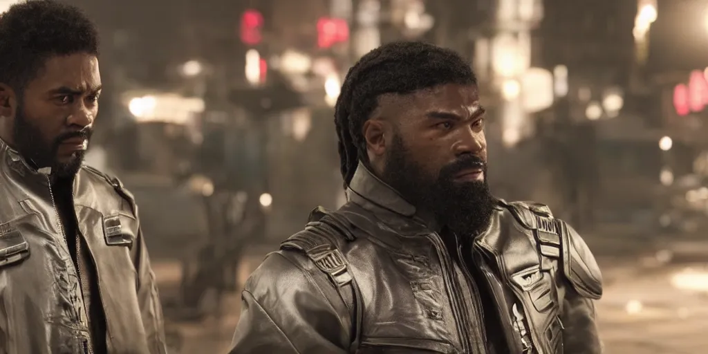 Image similar to a film still of a black man starring in a japanese blockbuster film as bryan fury from tekken, shallow depth of field, cinematic, award winning cgi, vfx, film still