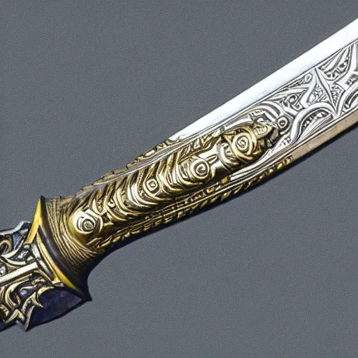 Image similar to photograph of an ornate fantasy sword with a zig-zag shaped blade