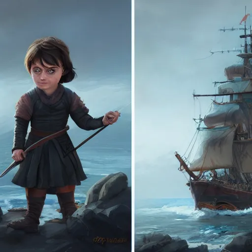 Image similar to arya stark as a beautiful muscular female gnome mechanic, short black pixie undercut hair, standing on ship deck, naval background, intricate, D&D, highly detailed, full body portrait, wide angle, digital painting, artstation, smooth, sharp focus, great composition, illustration, art by Greg Rutkowski, trending on artstation