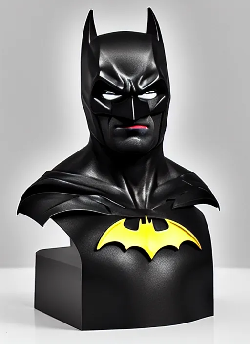 Prompt: an orthographic bust sculpture batman, studio lighting by Wes Anderson