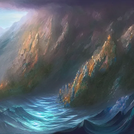 Prompt: Realm between the mountains and the sea, fantasy, digital painting, extra detailed
