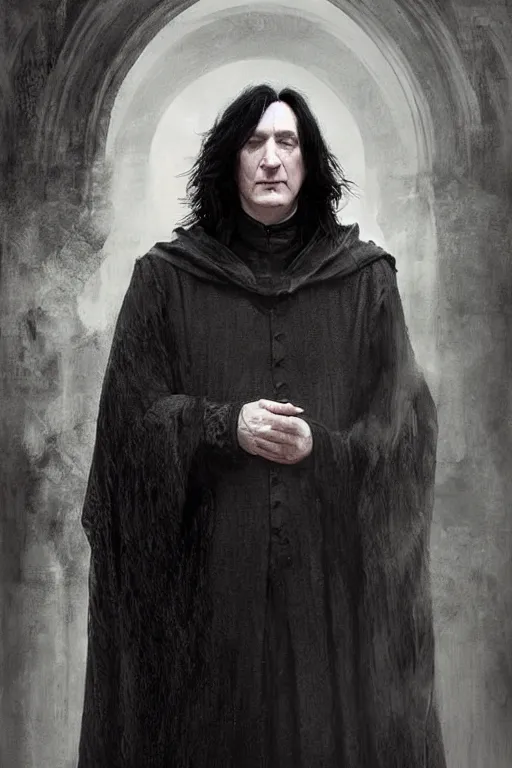 Prompt: breathtaking detailed painting of severus snape with long cloak, by ruan jia, intricate cloak of mists at dawn, piercing eyes, detailed realistic facial features, 8 k, concept art, matte, sharp focus, rembrandt style