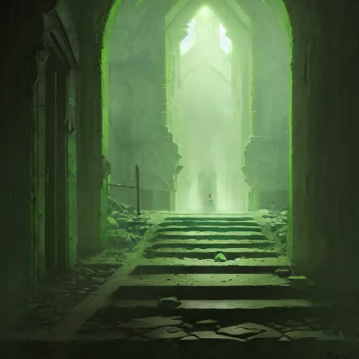 Image similar to dark stone hallway with green goo in the corners as an adventurer with a torch walks through, by greg rutkowski