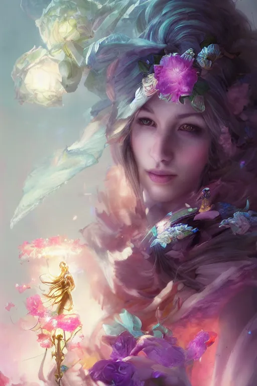 Image similar to beautiful girl necromancer covered with rainbow, 3 d render, hyper realistic detailed portrait, holding magic flowers, ruan jia, wlop. scifi, fantasy, hyper detailed, octane render, concept art, peter mohrbacher