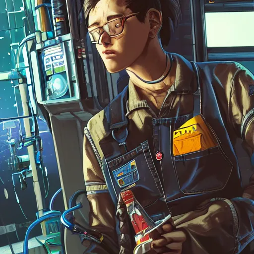 Prompt: Full body portrait of a mechanic in overalls repairing a mech, cyberpunk, illustration, detailed face, detailed background, Ilya Kuvshinov, Hayao Miyazaki, Takashi Takeuchi, Masamune Shirow