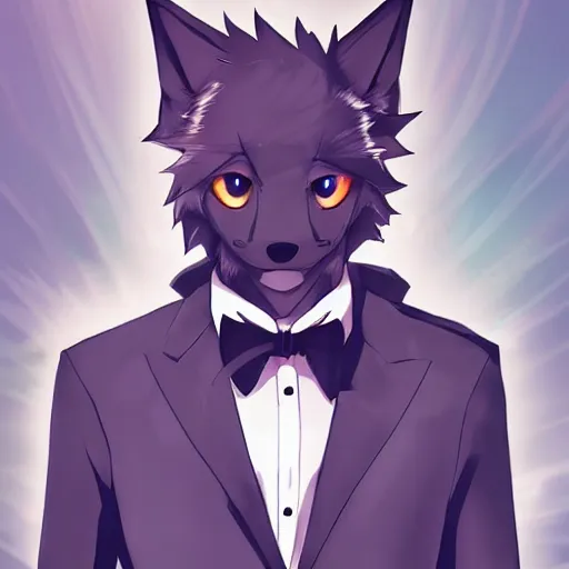 Image similar to modern anime portrait an anthro male wolf furry fursona in a formal outfit, handsome anime eyes, key anime visuals