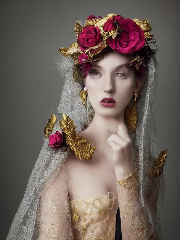 Image similar to a 65mm fashion headshot portrait of a catholic veiled Princess who has rococo dramatic headdress with roses,by Annie Stegg and Jovana Rikalo and VICTOR NIZOVTSEV and Nekro and Billelis, GUCCI,DIOR,avian-inspired,beaded embroidery,trending on pinterest,hyperreal,Kintsukuroi,gold,maximalist