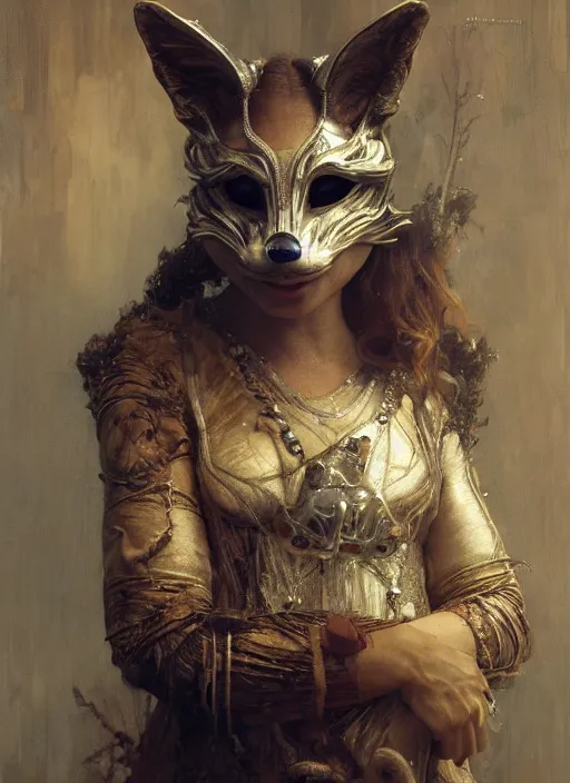 Prompt: a smiling young redhad woman wearing transparent fox mask made of glass, detailed, by gaston bussiere, bayard wu, greg rutkowski, giger, maxim verehin, greg rutkowski, masterpiece, sharp focus, cinematic lightning