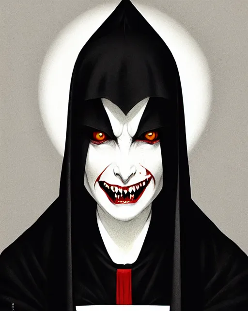 Prompt: single scary female vampire nun, symmetrical face, evil grin, nun outfit, portrait size, photoshoot, powerful, super detailed and intricate, by koson ohara, by darwyn cooke, by greg rutkowski, by satoshi kon