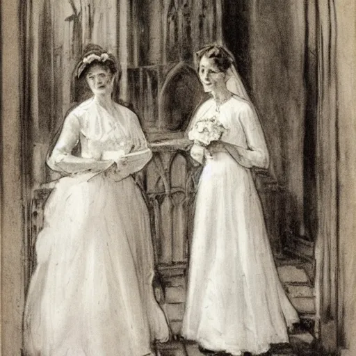 Prompt: two young edwardian women getting married in a church, in the style of Anders Zorn