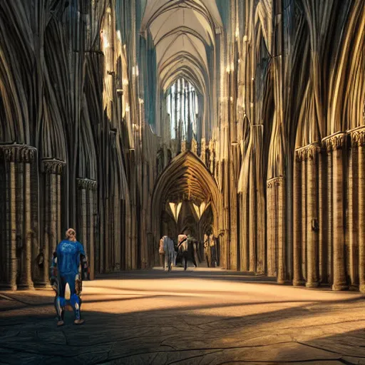Image similar to a hyper real comic book style portait painting of the cathedral of cologne germany in the stone age with dinosaurs, unreal 5, hyperrealistic, octane render, cosplay, rpg portrait, dynamic lighting