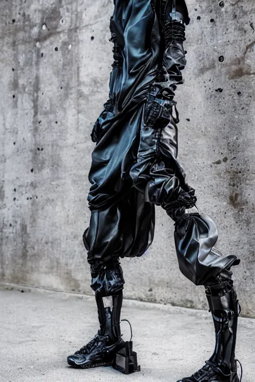 Image similar to avant garde techwear look and clothes, we can see them from feet to head, highly detailed and intricate, hypermaximalist, pastel colors, futuristic, luxury, Rick Owens, Errolson Hugh, Yohji Yamamoto, Y3, ACRNYM, cinematic outfit photo