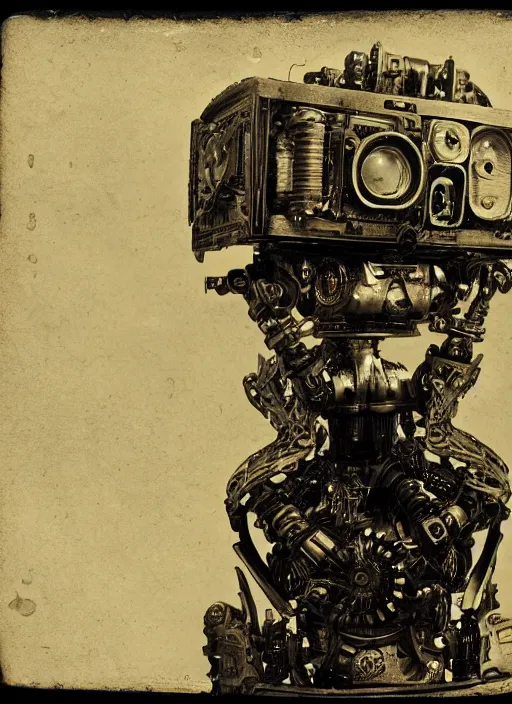 Image similar to old wetplate daguerreotype portrait of futuristic robot, dubbel negative exposure, explosion of data fragments, fractal, intricate, elegant, highly detailed, parallax, leica, medium format, subsurface scattering, by jheronimus bosch and greg rutkowski and louis jacques mande daguerre