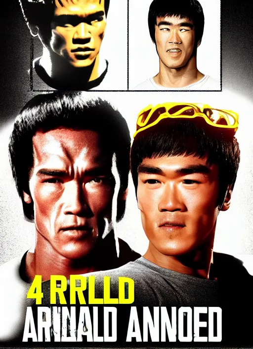 Prompt: Film poster Arnold Schwarzenegger VS Bruce lee , faces look at each other, detailed and realistic, 4k, filmic render