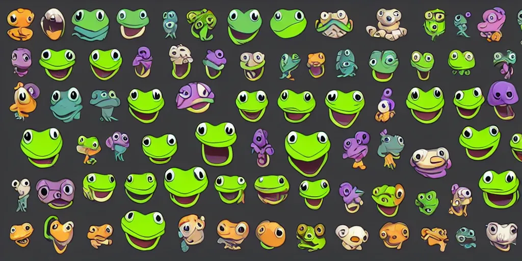 Prompt: game asset of unique frog heads on black background, organic, disney animation color palette, smooth vector lines, toon shading, 5 colors, solid colors, flat 2 d design, 2 d sprites, 8 k, close up