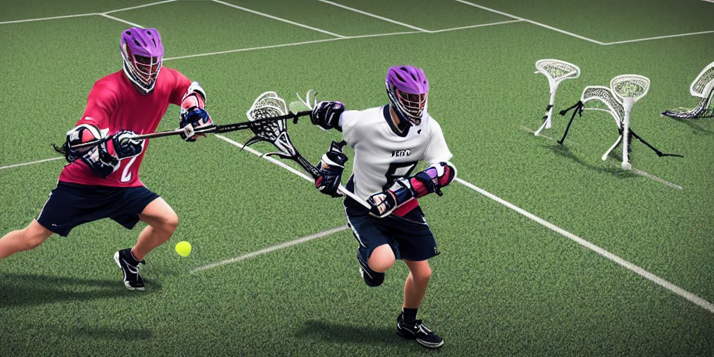 Image similar to lacrosse player, soccer field, cascade helmet, realistic, running, very detailed, 8k, high resolution, ultra realistic, no grain, symmetry, normal proportions, sports illustrated style, Cascade XRS Custom Lacrosse Helmet, brine lacrosse stick, Brine Lacrosse King V Gloves, normal feet, Nike Alpha Huarache 7 Elite, STX Surgeon 700 Lacrosse Arm Guards