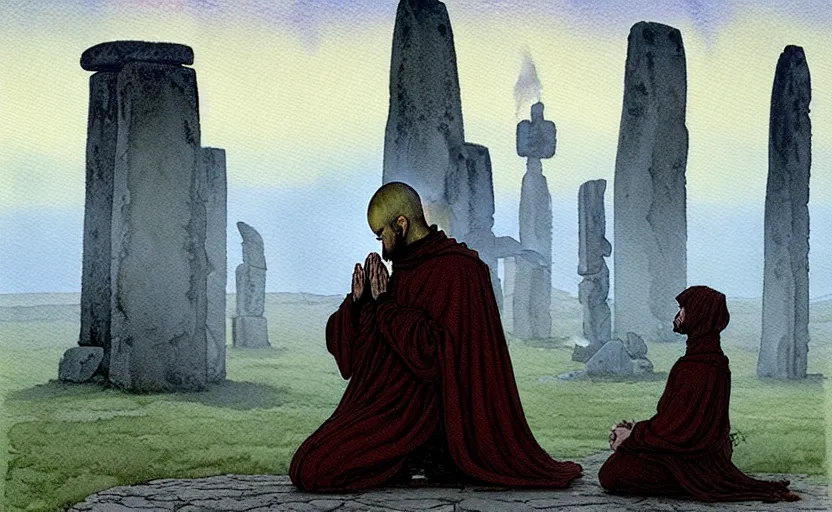 Image similar to a hyperrealist watercolour character concept art portrait of a grey medieval monk kneeling down in prayer in front of a tall alien structure built on top of stonehenge on a misty night. by rebecca guay, michael kaluta, charles vess and jean moebius giraud