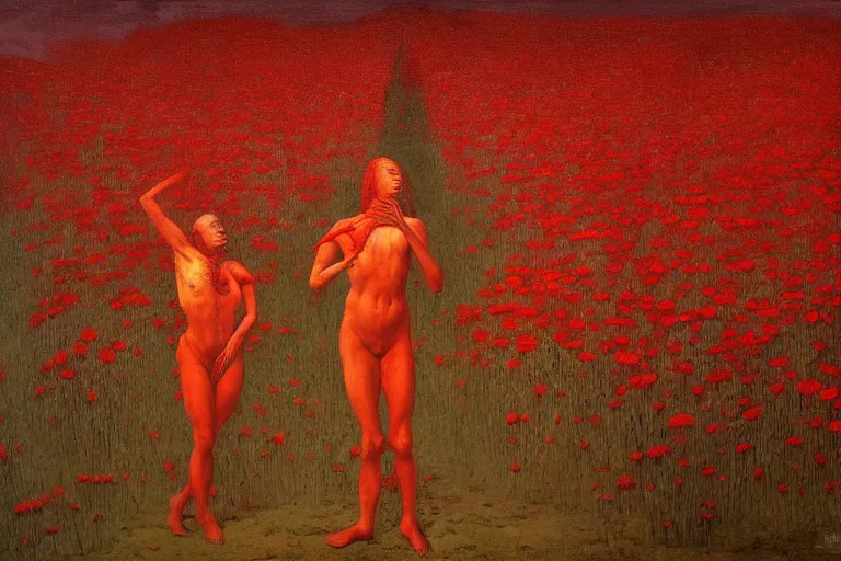 Image similar to only with red, red flowers of different types, a red tiger, a castle in the background, medieval demons dance over the flowers, an ancient path, in the style of beksinski, part by hopper, part by rodcenko, part by hofbauer, intricate composition, red by caravaggio, insanely quality, highly detailed, masterpiece, red light, artstation