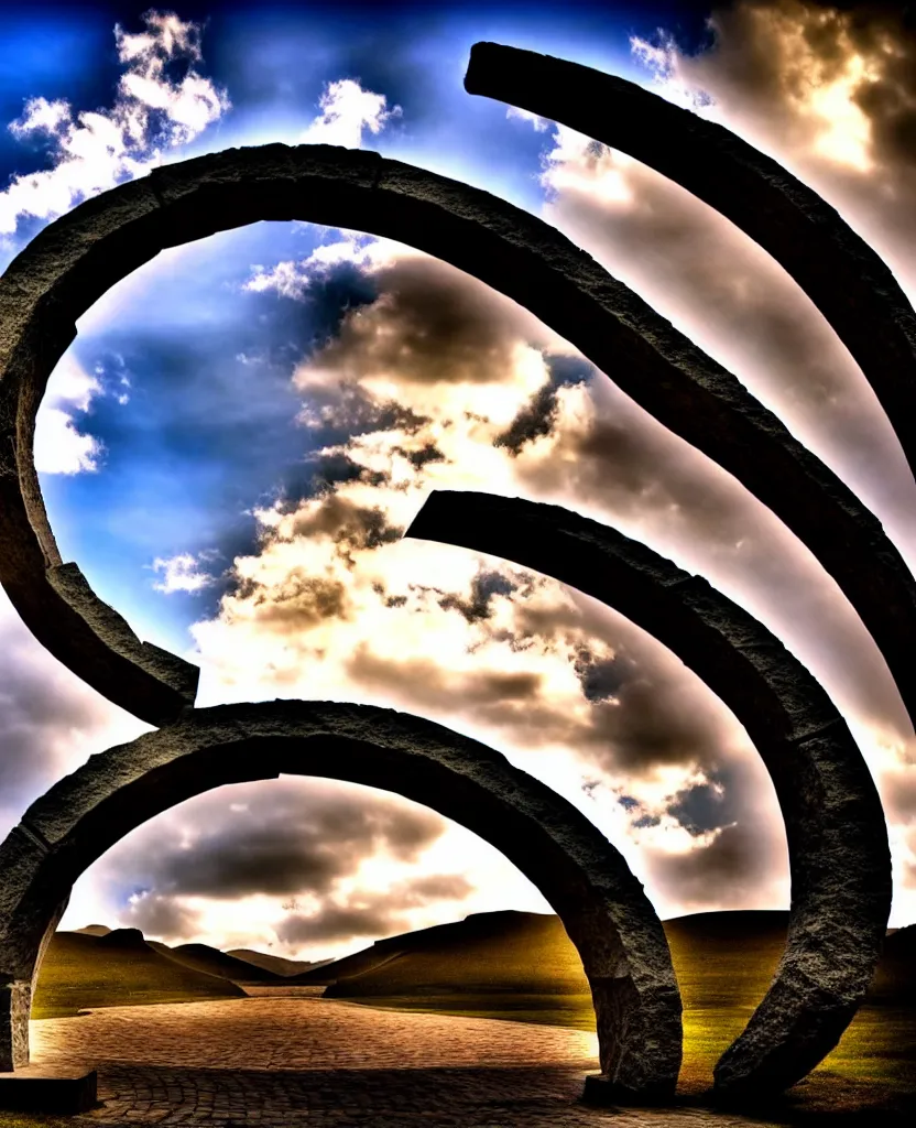 Image similar to stargate made of stone that form a circle, cinematic view, epic sky