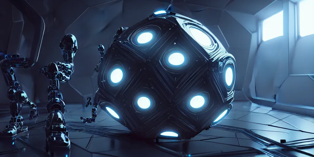 Image similar to ultra detailed photorealistic the perfect regular dodecahedron, cinematic light, sci fi, glossy, cybernetic machines, wires, robotics, futuristic decor, trending on artstation, global illumination, ultra realistic illustration, matte painting, high detailed, unreal engine, octane render, 4 k, hd, high quality