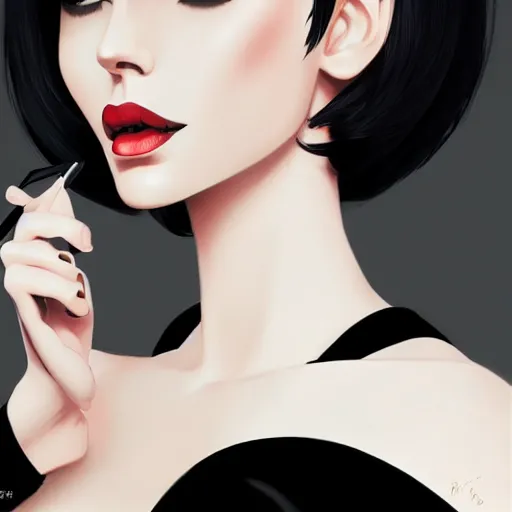 Image similar to slim mafia girl in tuxedo with black bob hair, elegant, 2d, ultra highly detailed, digital painting, smooth, sharp focus, artstation, art by Ilya Kuvshinov