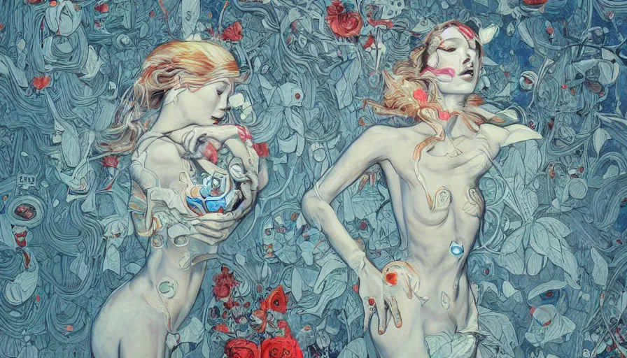 Prompt: A James Jean painting of a beautiful woman entering another dimension, cinematic look, high detail,