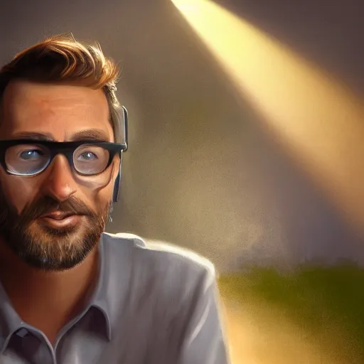 Prompt: Man from frog perspective in his 30s, light brown hair and salt-and-pepper hair with a short beard, thick dark glasses, blue eyes, big nose, wearing a shirt and a jean, digital painting, 4k, rays of light, particles light, by Steve Henderson