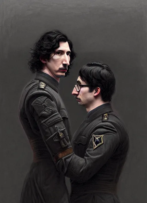 Image similar to painting of both john oliver and adam driver together, john oliver, adam driver, stoic, full body, military uniform, fantasy, intricate, elegant, beautiful, highly detailed, charcoal, centered, dark, smokey, digital painting, concept art, smooth, sharp focus, illustration, art by artgerm, art by greg rutkowski, art by alphonse mucha