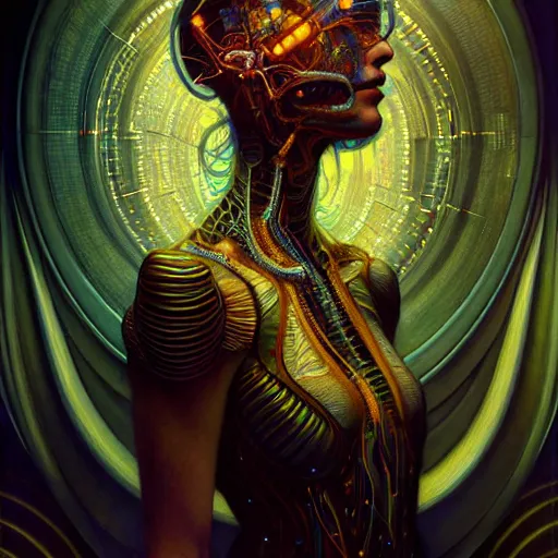 Image similar to extremely psychedelic beautiful cyborg virus infected by night. intricate, elegant, highly detailed, extremely lifelike photorealistic digital painting, artstation. steichen, gaston bussiere, tom bagshaw, cyberpunk alphonse mucha. totally elegant. anatomically correct. sharp focus. black and gold. surreal lush hallucination