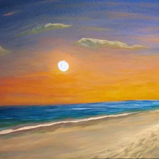 Prompt: Campfire on the beach, Moonlit ocean, Secluded beach, Painting