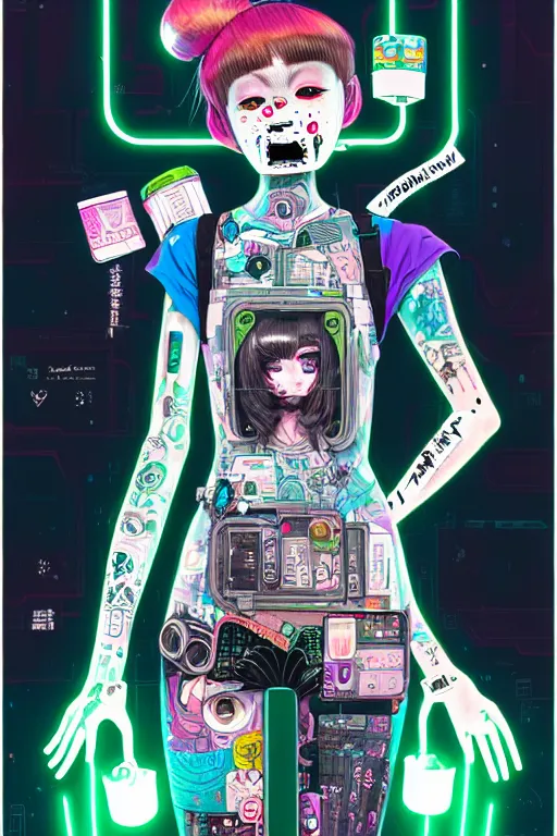 Prompt: full view, from a distance, of anthropomorphic trashcan who is cyberpunk girl, style of yoshii chie and hikari shimoda and martine johanna, highly detailed