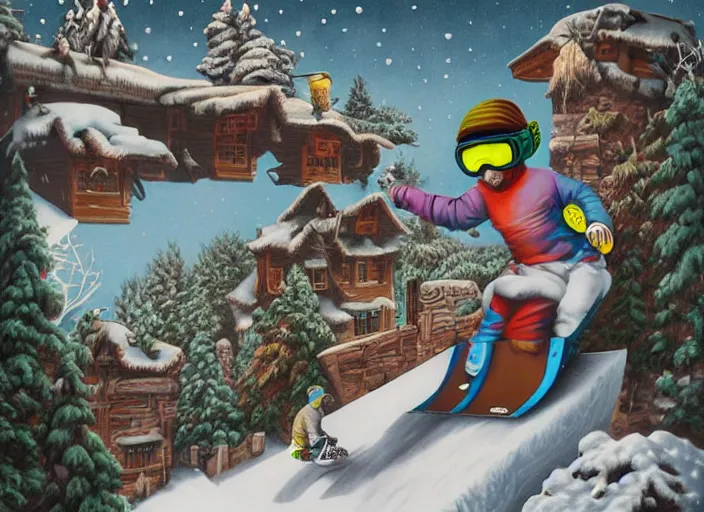 Image similar to snowboarding to another dimension, lowbrow, matte painting, 3 - d highly detailed, in the style of mark ryden,