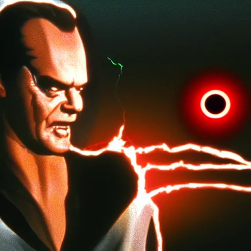 Prompt: VFX movie where Jack Nicholson plays the Terminator with a glowing red eye