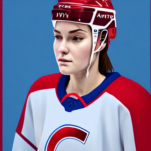 Prompt: portrait from Life is Strange, Female Ice Hockey Player, Habs fantasy, intricate, elegant, red blue white colorway, ice rink mist, highly detailed, digital painting, trending on artstation, concept art, smooth, sharp focus, illustration, art by james gilleard, beeple, artgerm and greg rutkowski and alphonse mucha, unreal engine, 4k, 8k
